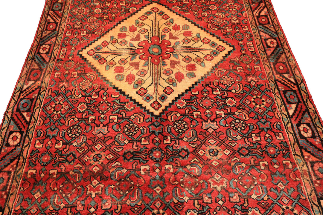 Runner Rust, Coral, Ivory Color Hand Knotted Hamadan Wool Traditional Oriental Rug