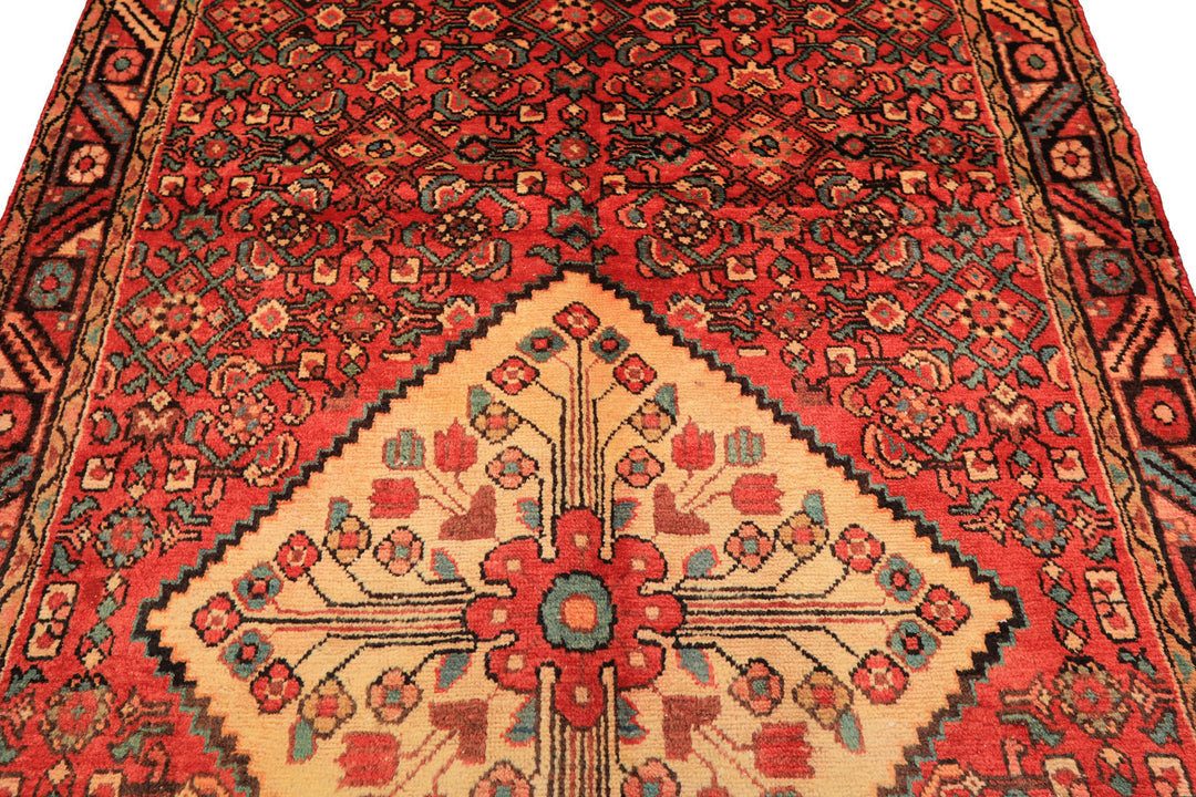 Runner Rust, Coral, Ivory Color Hand Knotted Hamadan Wool Traditional Oriental Rug