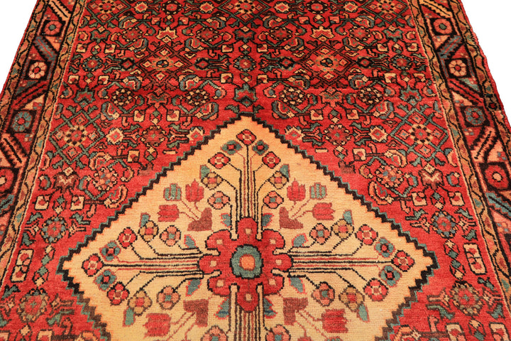 Runner Rust, Coral, Ivory Color Hand Knotted Hamadan Wool Traditional Oriental Rug