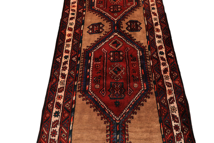 Runner Burgundy, Camel, Ivory Color Hand Knotted Kurdish Bidjar Wool Traditional Oriental Rug