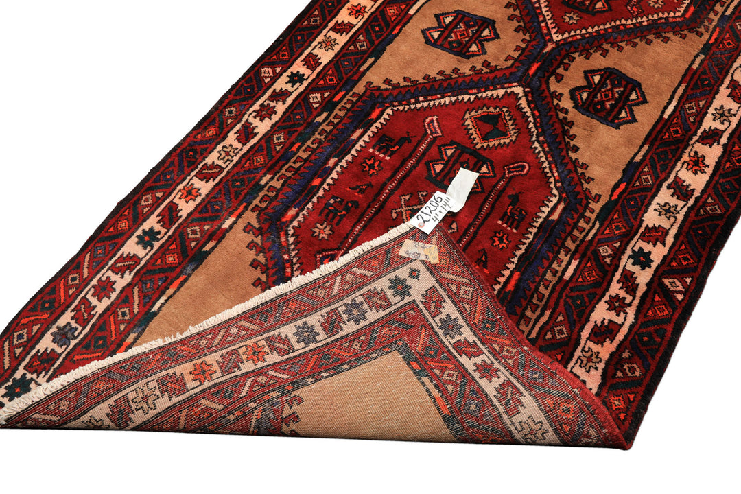 Runner Burgundy, Camel, Ivory Color Hand Knotted Kurdish Bidjar Wool Traditional Oriental Rug