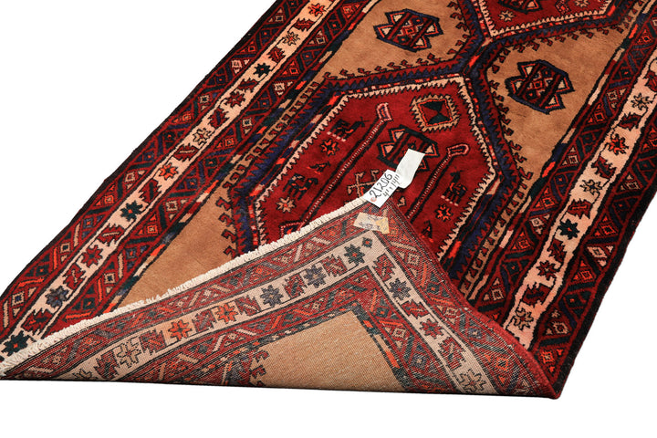 Runner Burgundy, Camel, Ivory Color Hand Knotted Kurdish Bidjar Wool Traditional Oriental Rug