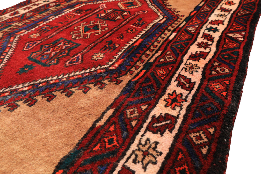 Runner Burgundy, Camel, Ivory Color Hand Knotted Kurdish Bidjar Wool Traditional Oriental Rug