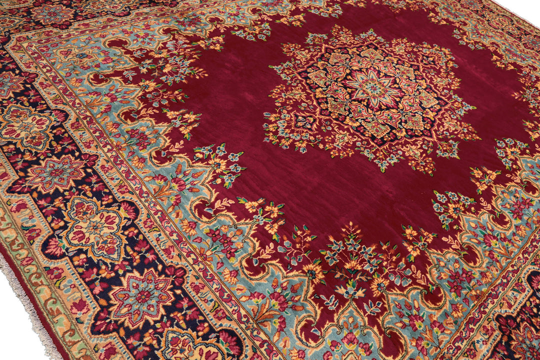 9x12 Fuschia, Aqua, Navy Color Hand Knotted Kerman Wool Traditional Oriental Rug