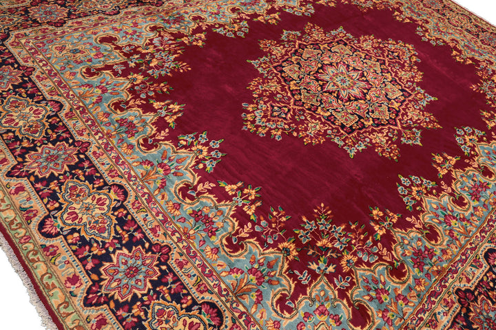 9x12 Fuschia, Aqua, Navy Color Hand Knotted Kerman Wool Traditional Oriental Rug