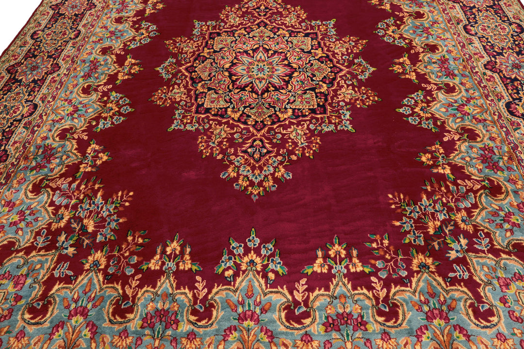 9x12 Fuschia, Aqua, Navy Color Hand Knotted Kerman Wool Traditional Oriental Rug
