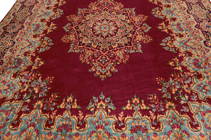 9x12 Fuschia, Aqua, Navy Color Hand Knotted Kerman Wool Traditional Oriental Rug