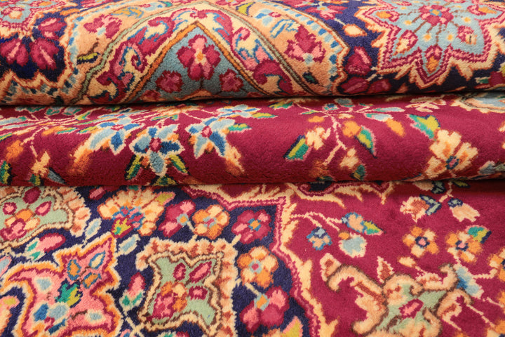 9x12 Fuschia, Aqua, Navy Color Hand Knotted Kerman Wool Traditional Oriental Rug