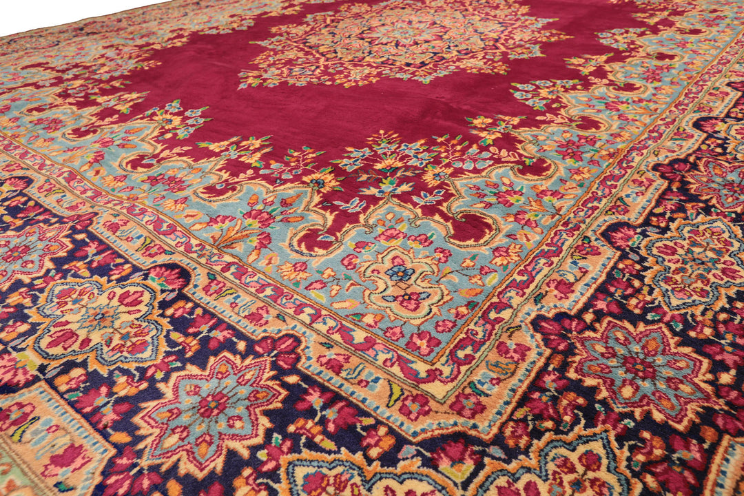 9x12 Fuschia, Aqua, Navy Color Hand Knotted Kerman Wool Traditional Oriental Rug