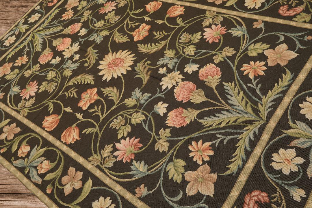 6x9 Brown, Green, Blush Color Hand Woven Needlepoint Wool Traditional Oriental Rug