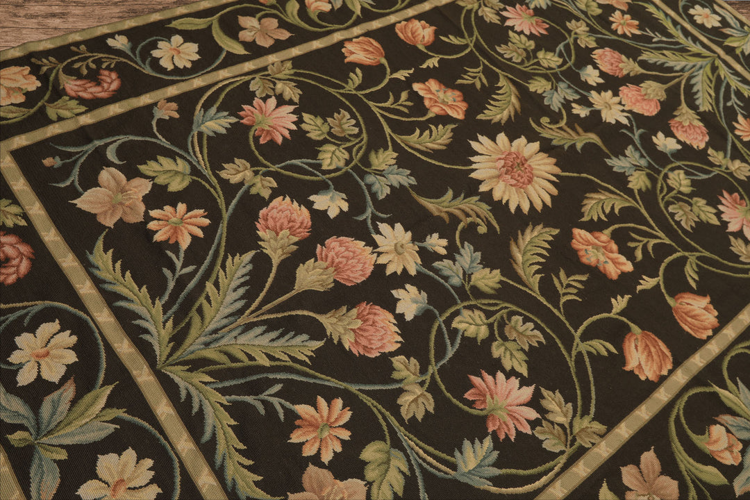 6x9 Brown, Green, Blush Color Hand Woven Needlepoint Wool Traditional Oriental Rug