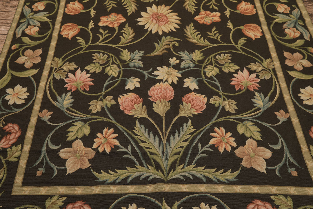 6x9 Brown, Green, Blush Color Hand Woven Needlepoint Wool Traditional Oriental Rug