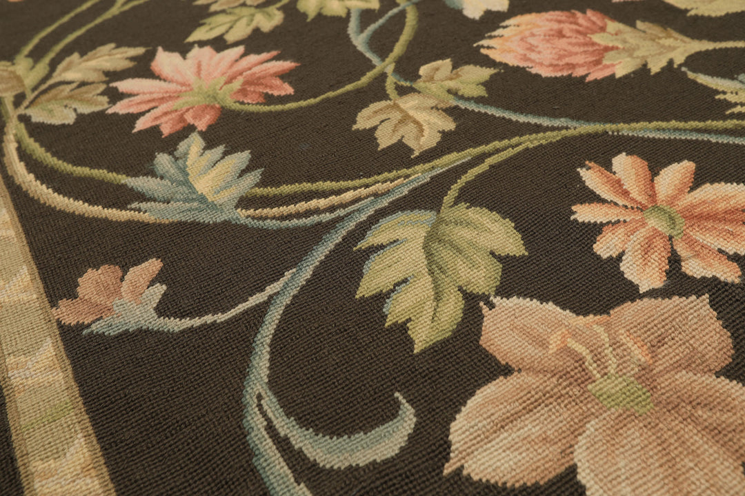 6x9 Brown, Green, Blush Color Hand Woven Needlepoint Wool Traditional Oriental Rug