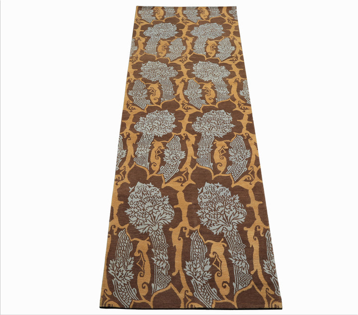 Runner Brown, Gold, Aqua Color Hand Knotted Tibetan Wool Arts & Crafts Oriental Rug