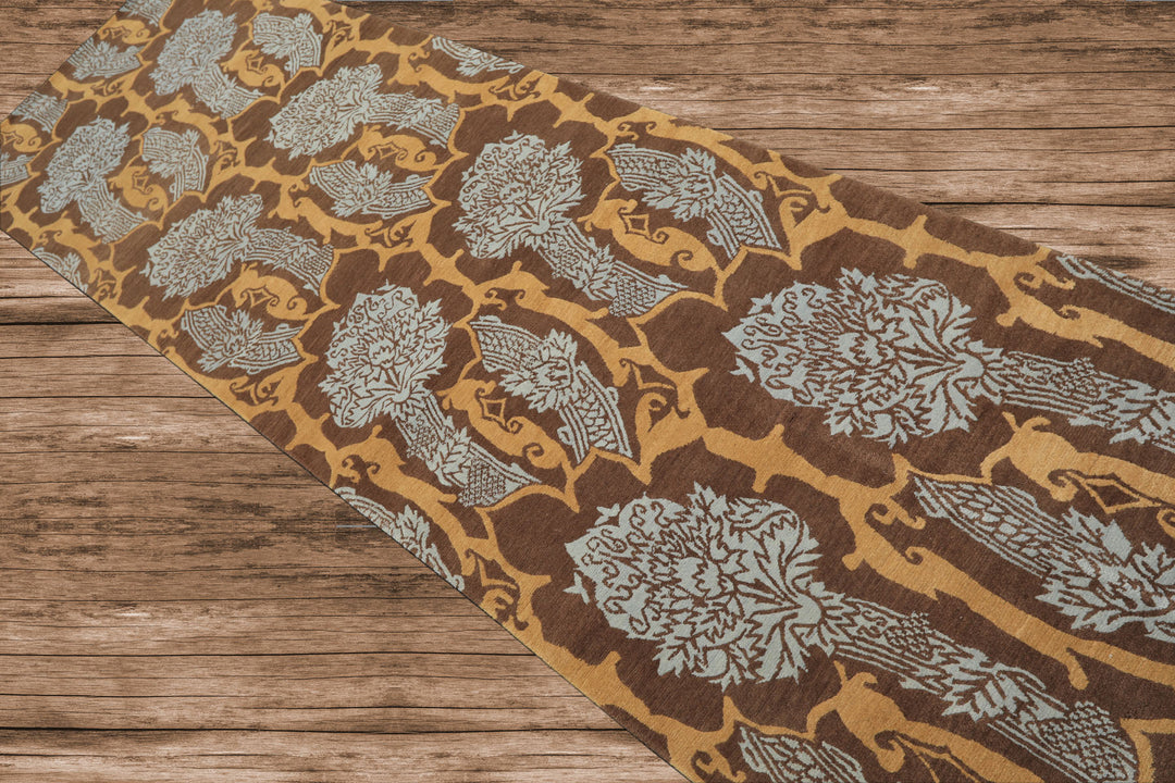 Runner Brown, Gold, Aqua Color Hand Knotted Tibetan Wool Arts & Crafts Oriental Rug