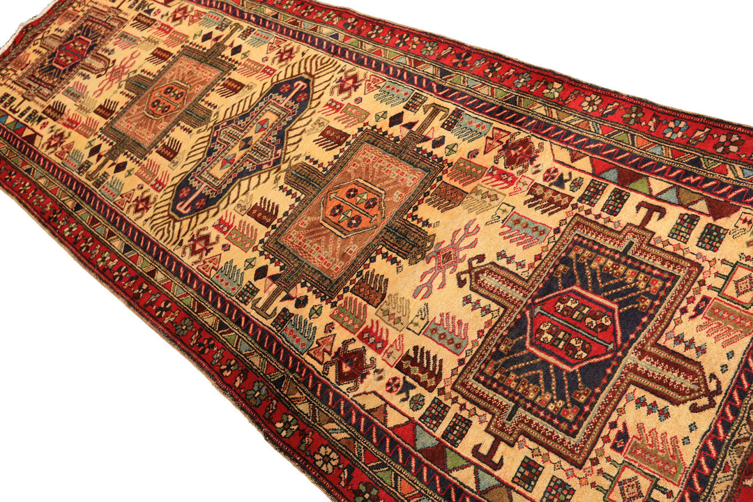 Runner Light Gold, Coral, Navy Color Hand Knotted Kurdish Hamadan Wool Traditional Oriental Rug