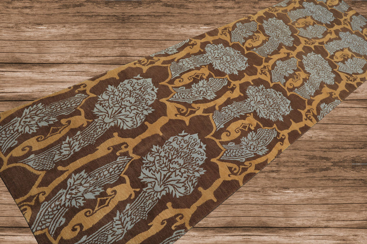 Runner Brown, Gold, Aqua Color Hand Knotted Tibetan Wool Arts & Crafts Oriental Rug