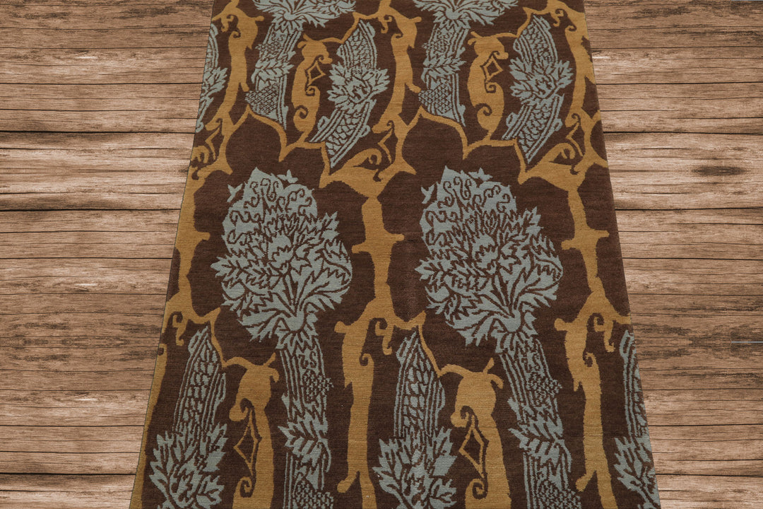 Runner Brown, Gold, Aqua Color Hand Knotted Tibetan Wool Arts & Crafts Oriental Rug