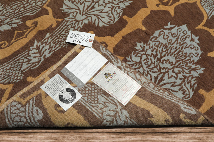 Runner Brown, Gold, Aqua Color Hand Knotted Tibetan Wool Arts & Crafts Oriental Rug