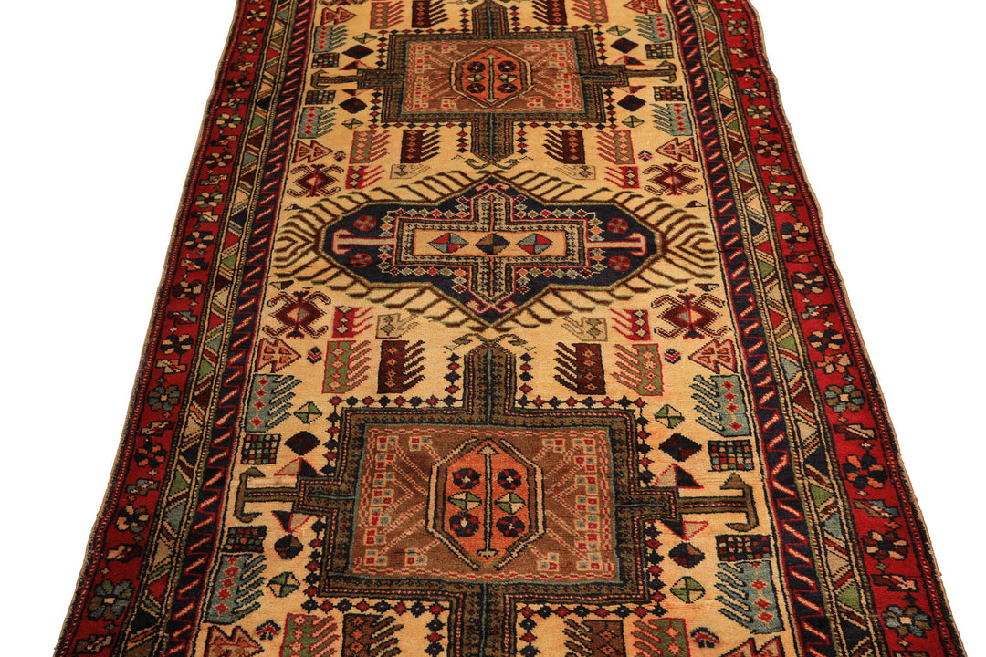 Runner Light Gold, Coral, Navy Color Hand Knotted Kurdish Hamadan Wool Traditional Oriental Rug