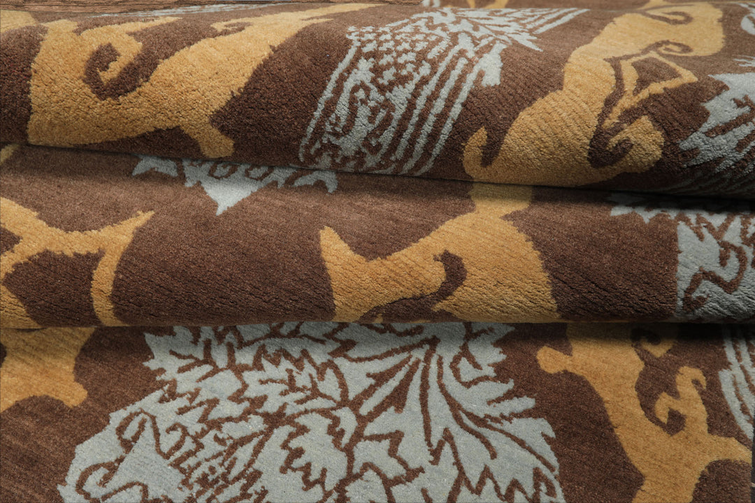 Runner Brown, Gold, Aqua Color Hand Knotted Tibetan Wool Arts & Crafts Oriental Rug