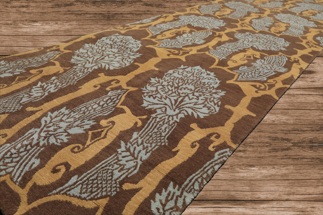 Runner Brown, Gold, Aqua Color Hand Knotted Tibetan Wool Arts & Crafts Oriental Rug