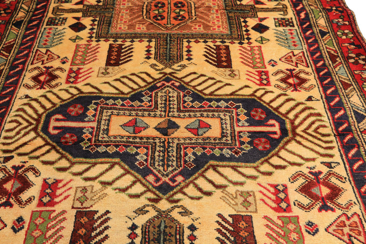 Runner Light Gold, Coral, Navy Color Hand Knotted Kurdish Hamadan Wool Traditional Oriental Rug