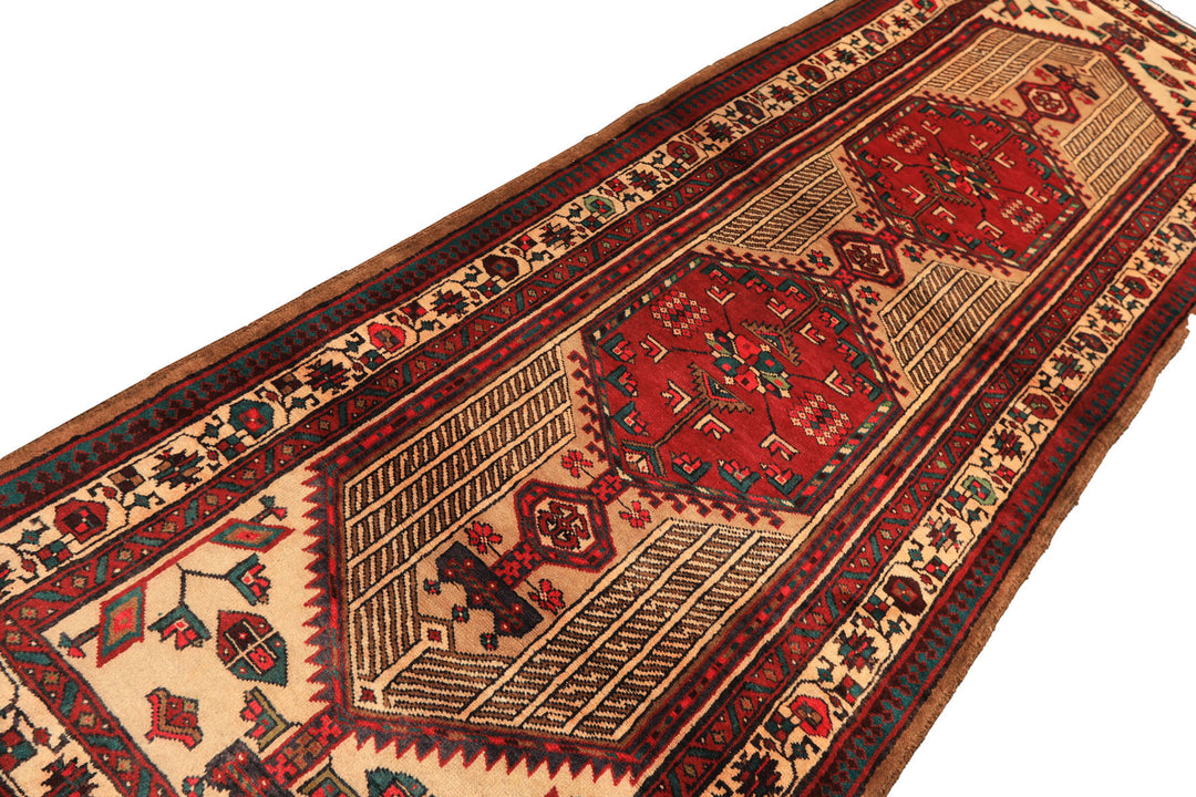 Runner Rusty Red, Tan, Ivory Color Hand Knotted Kurdish Hamadan Wool Traditional Oriental Rug