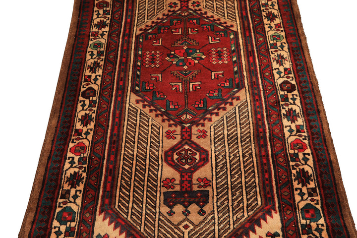 Runner Rusty Red, Tan, Ivory Color Hand Knotted Kurdish Hamadan Wool Traditional Oriental Rug