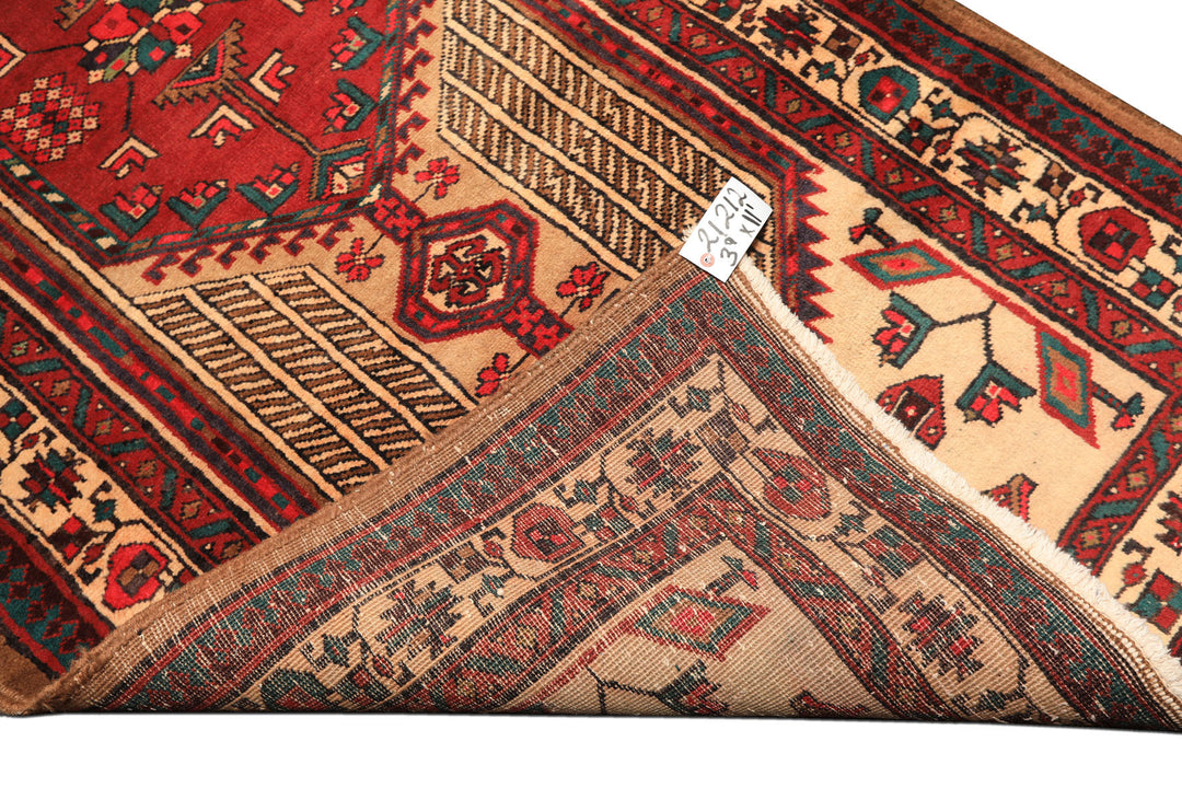 Runner Rusty Red, Tan, Ivory Color Hand Knotted Kurdish Hamadan Wool Traditional Oriental Rug