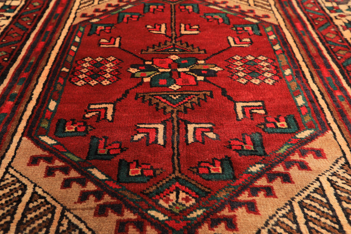 Runner Rusty Red, Tan, Ivory Color Hand Knotted Kurdish Hamadan Wool Traditional Oriental Rug