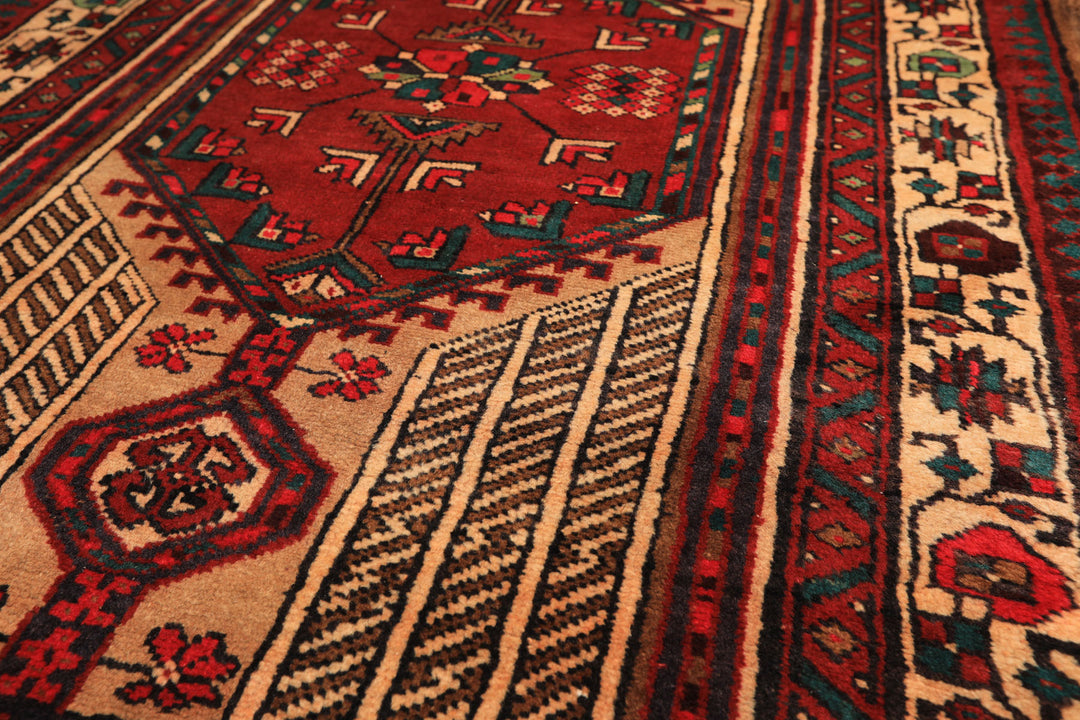Runner Rusty Red, Tan, Ivory Color Hand Knotted Kurdish Hamadan Wool Traditional Oriental Rug