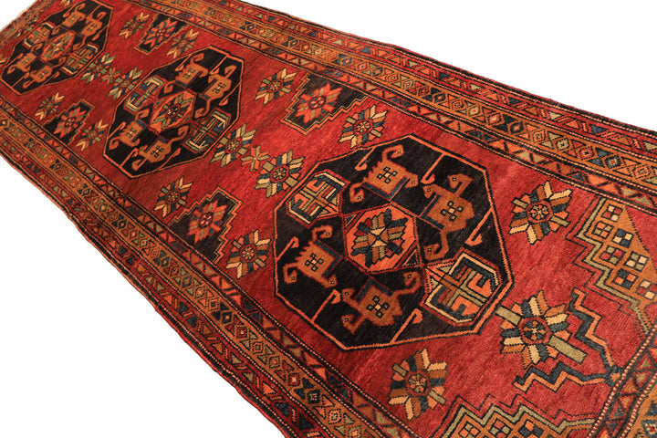 Runner Rust, Gold, Charcoal Color Hand Knotted Kurdish Hamadan Wool Traditional Oriental Rug