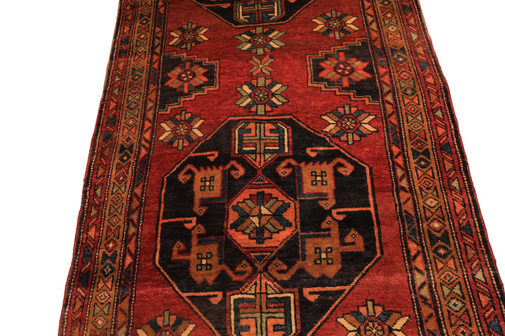 Runner Rust, Gold, Charcoal Color Hand Knotted Kurdish Hamadan Wool Traditional Oriental Rug
