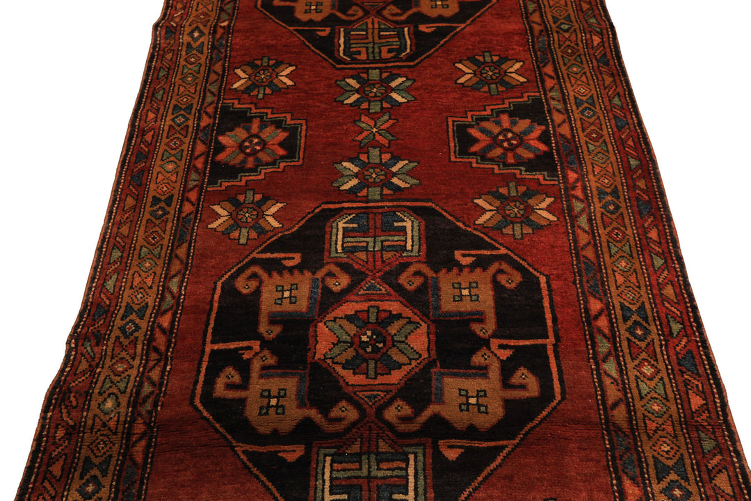 Runner Rust, Gold, Charcoal Color Hand Knotted Kurdish Hamadan Wool Traditional Oriental Rug