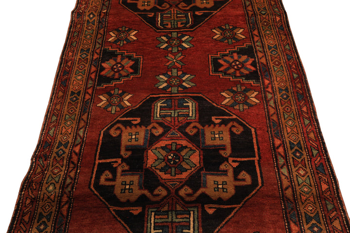 Runner Rust, Gold, Charcoal Color Hand Knotted Kurdish Hamadan Wool Traditional Oriental Rug