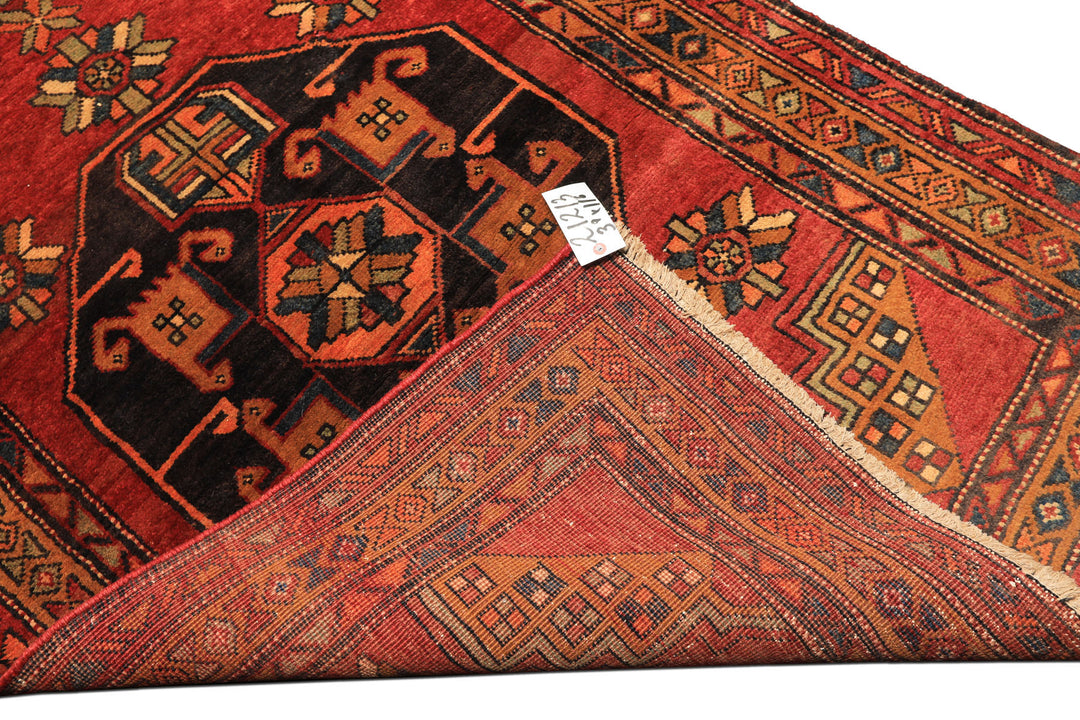 Runner Rust, Gold, Charcoal Color Hand Knotted Kurdish Hamadan Wool Traditional Oriental Rug
