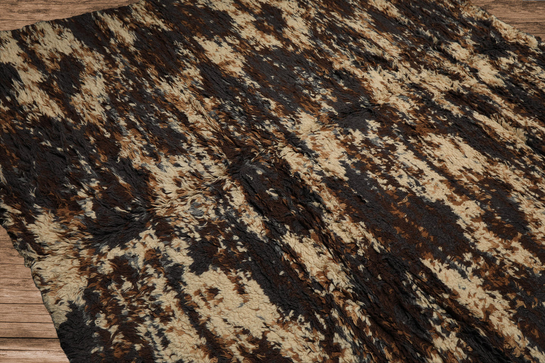 8x10 Ivory, Chocolate, Aubergine Color Hand Knotted Moroccan Shag Wool Modern & Contemporary Oriental Rug