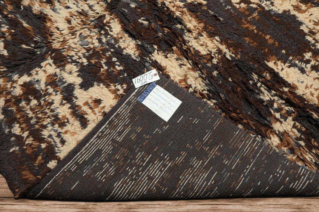 8x10 Ivory, Chocolate, Aubergine Color Hand Knotted Moroccan Shag Wool Modern & Contemporary Oriental Rug