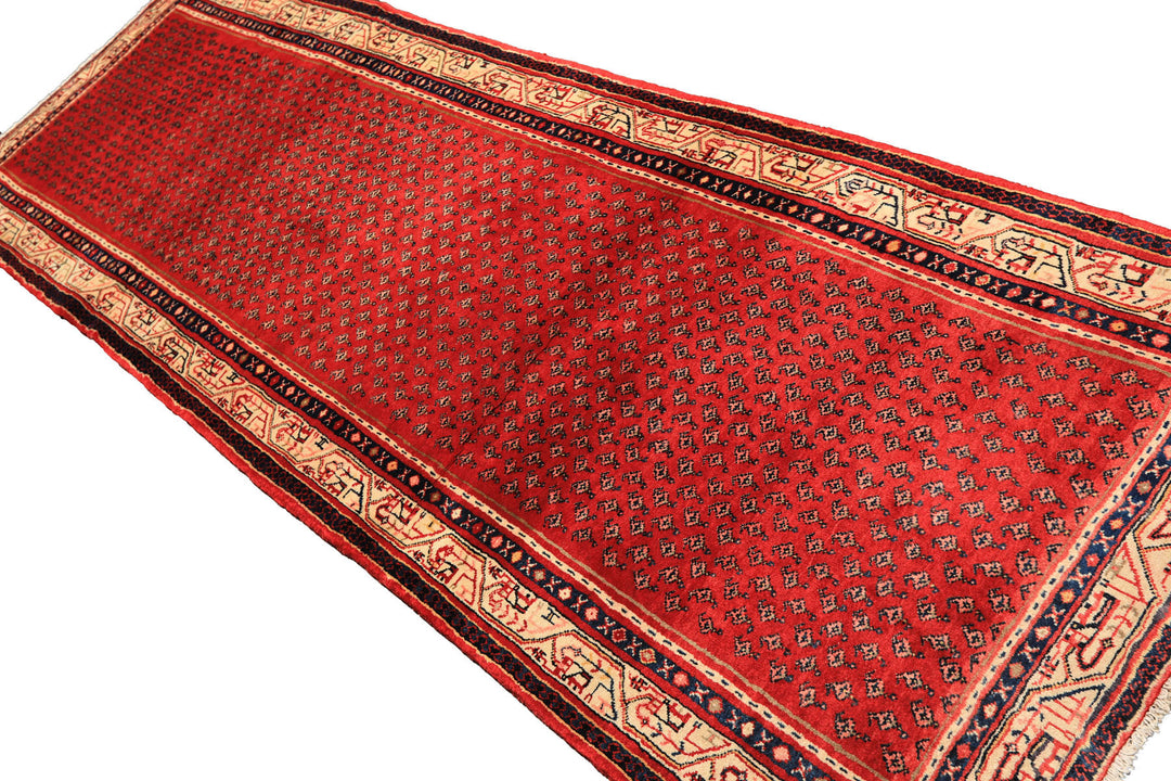Runner Red, Ivory, Navy Color Hand Knotted Kurdish Bidjar Herati Wool Traditional Oriental Rug
