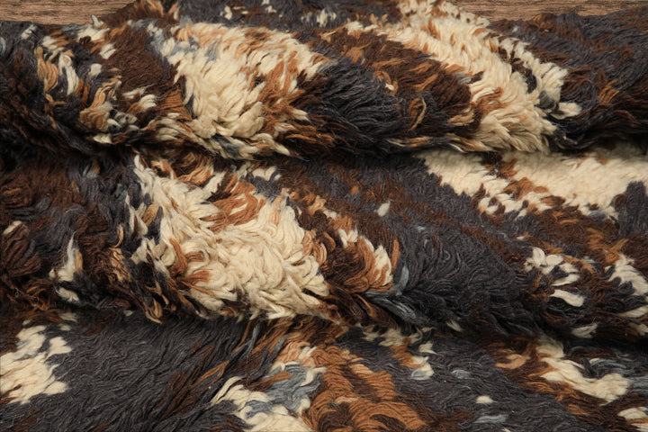 8x10 Ivory, Chocolate, Aubergine Color Hand Knotted Moroccan Shag Wool Modern & Contemporary Oriental Rug