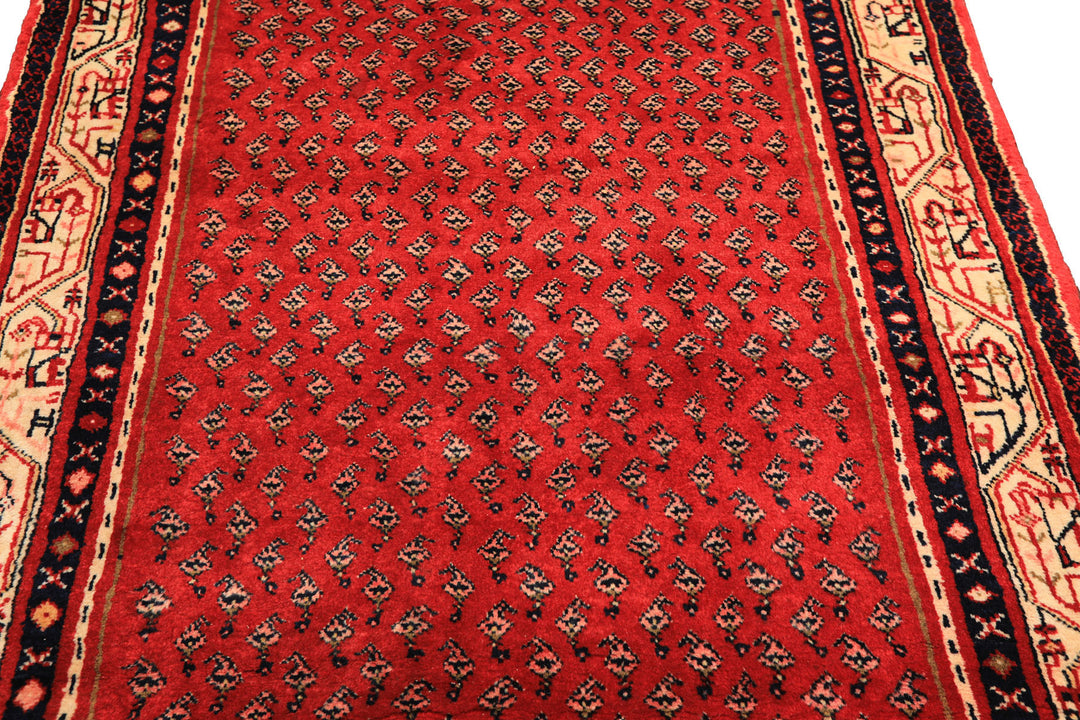 Runner Red, Ivory, Navy Color Hand Knotted Kurdish Bidjar Herati Wool Traditional Oriental Rug