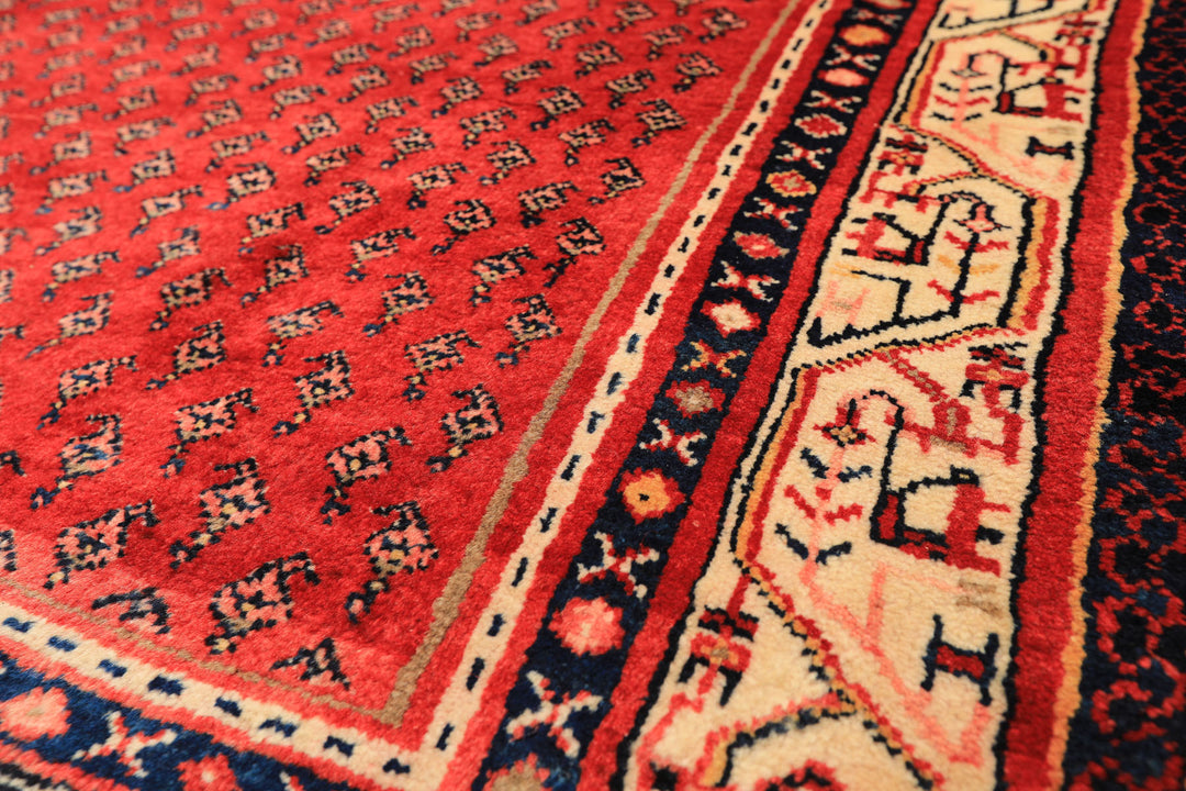 Runner Red, Ivory, Navy Color Hand Knotted Kurdish Bidjar Herati Wool Traditional Oriental Rug
