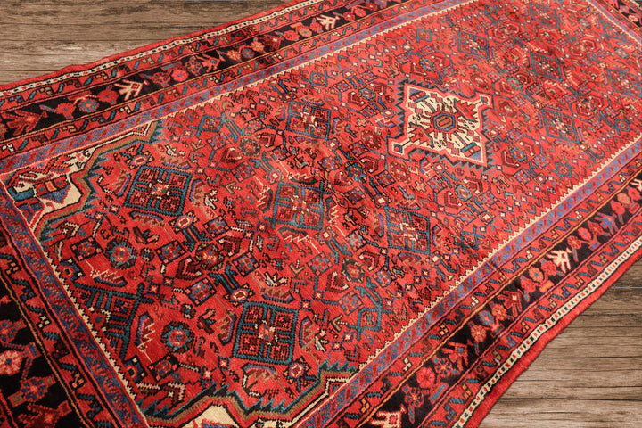 Runner Red, Rose, Charcoal Color Hand Knotted Heriz Wool Traditional Oriental Rug