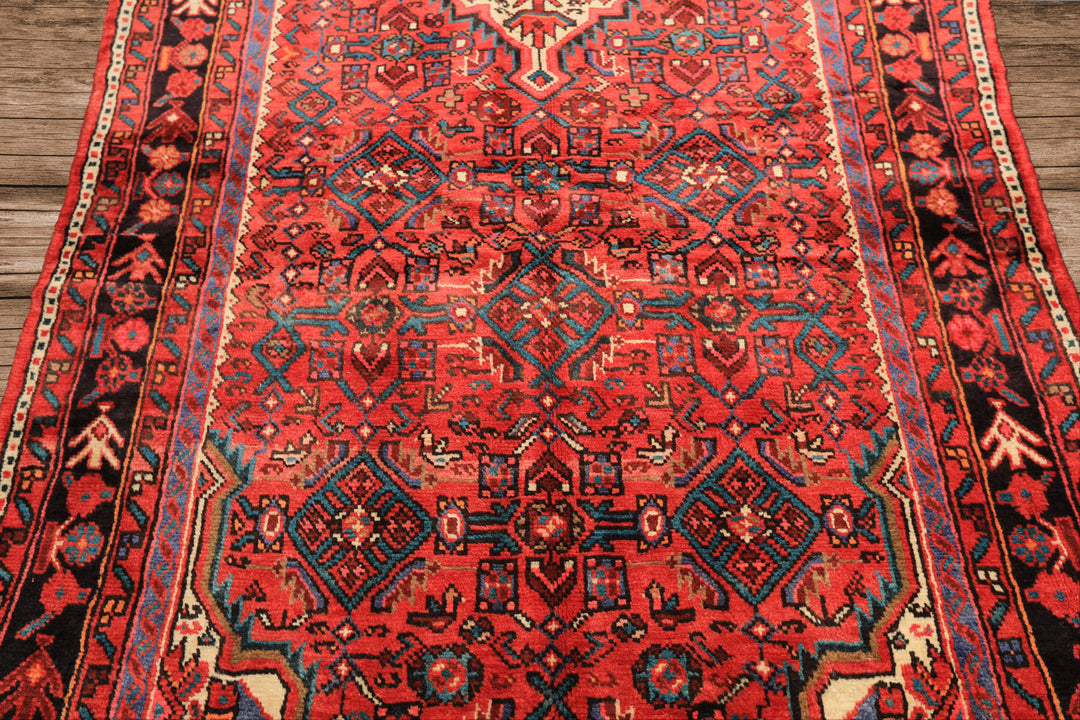 Runner Red, Rose, Charcoal Color Hand Knotted Heriz Wool Traditional Oriental Rug