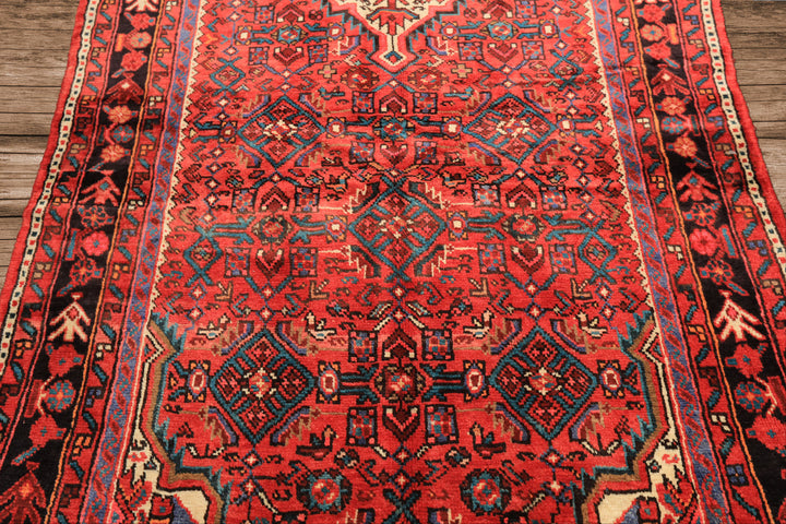 Runner Red, Rose, Charcoal Color Hand Knotted Heriz Wool Traditional Oriental Rug