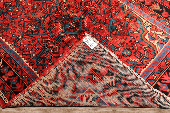 Runner Red, Rose, Charcoal Color Hand Knotted Heriz Wool Traditional Oriental Rug
