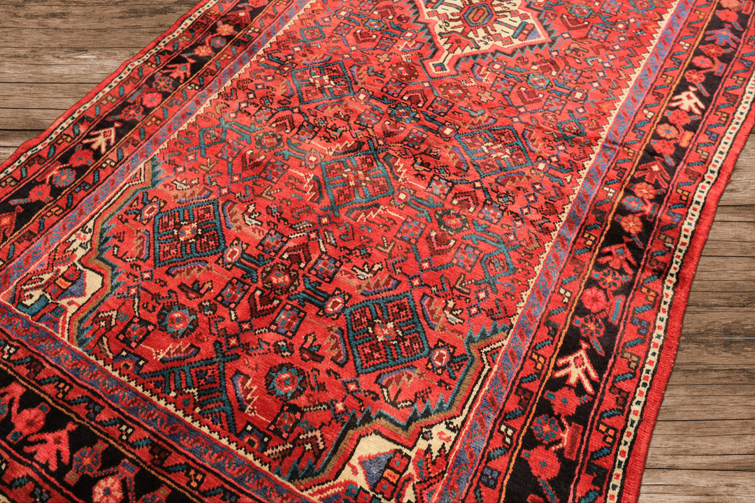 Runner Red, Rose, Charcoal Color Hand Knotted Heriz Wool Traditional Oriental Rug