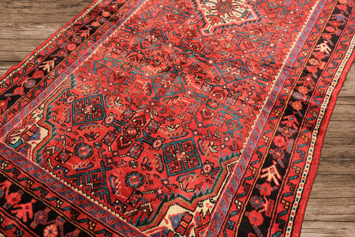 Runner Red, Rose, Charcoal Color Hand Knotted Heriz Wool Traditional Oriental Rug