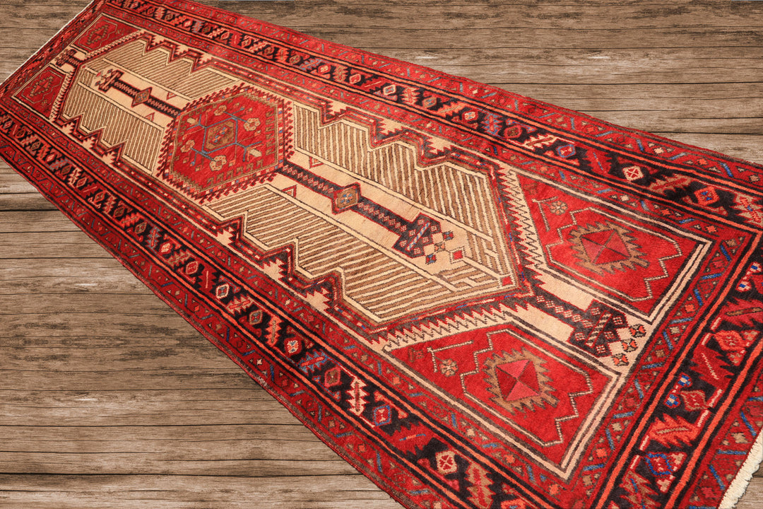 Runner Beige, Red, Rose Color Hand Knotted Heriz Wool Traditional Oriental Rug